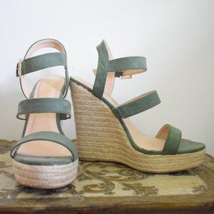 Green Suede Strappy Espadrille Wedges